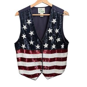 The Quacker Factory Vintage USA Flag Sequin Vest Sz M Red White Blue 4th of July